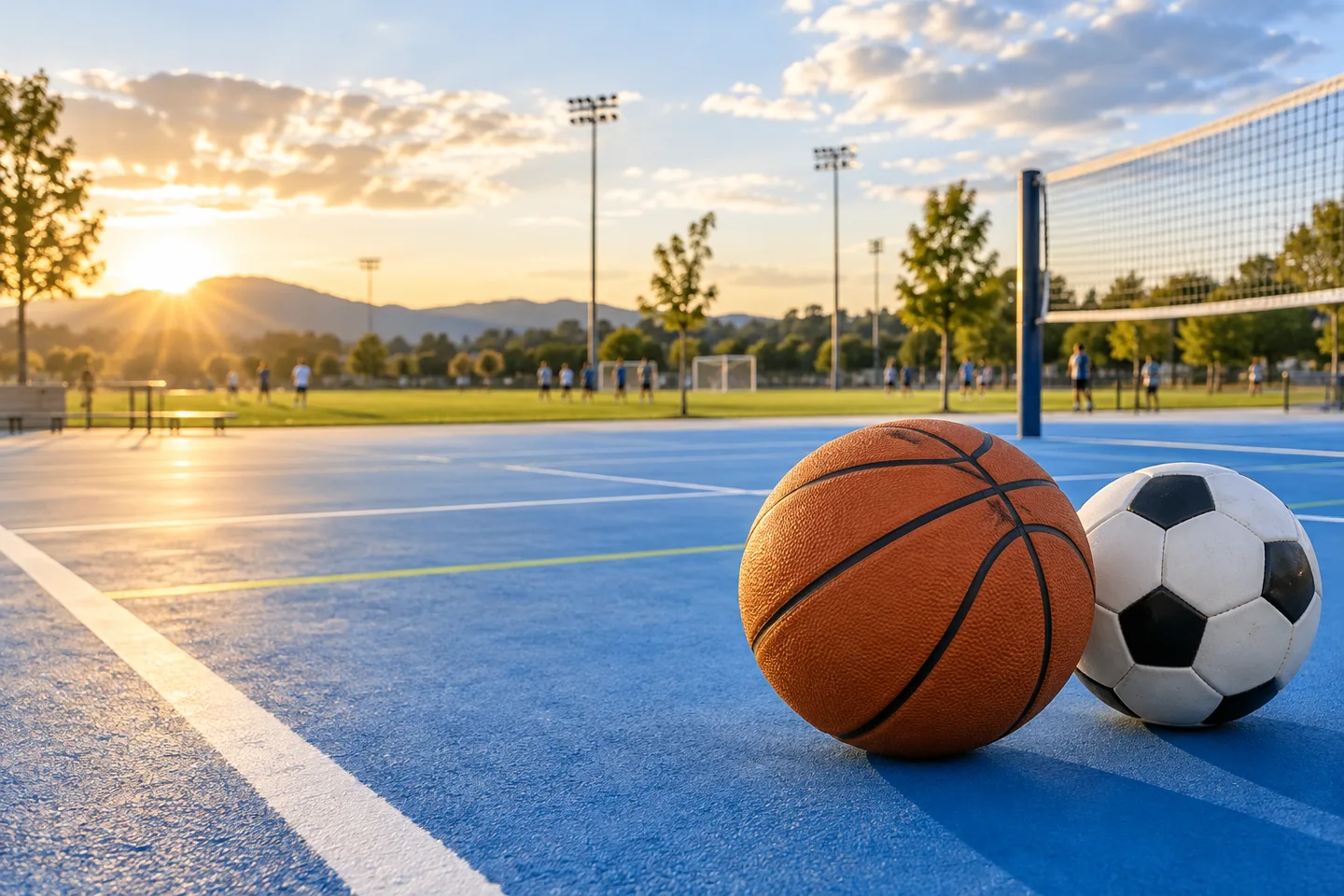 Basketball and soccer ball at a sunlit community sports complex